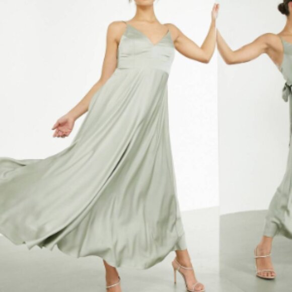 ASOS EDITION satin midi dress with tie back in sage green - Picture 2 of 5